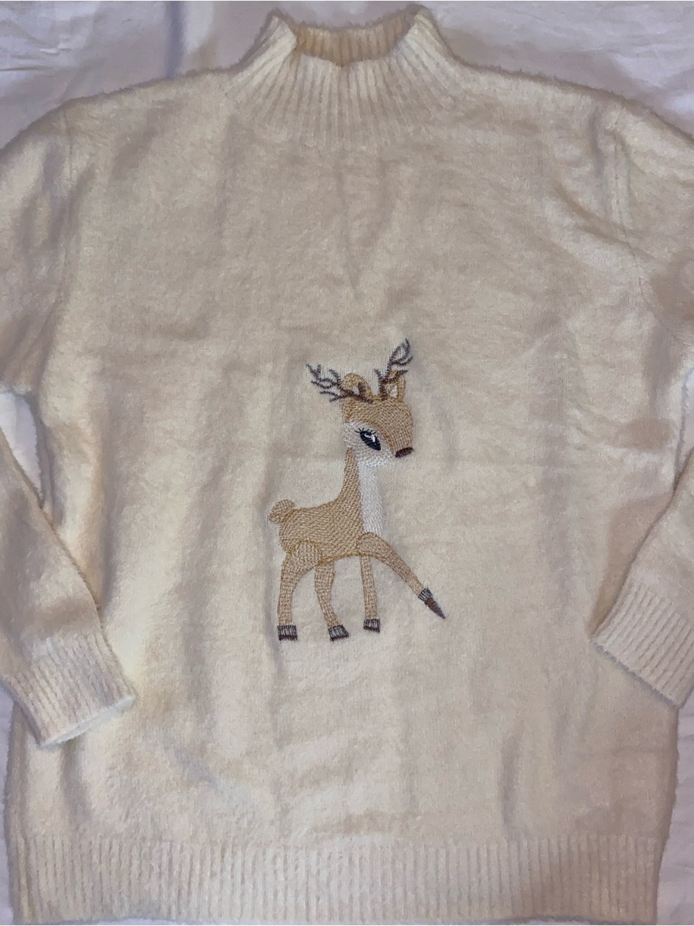 Cream Crew Neck Sweater with Deer Motif
